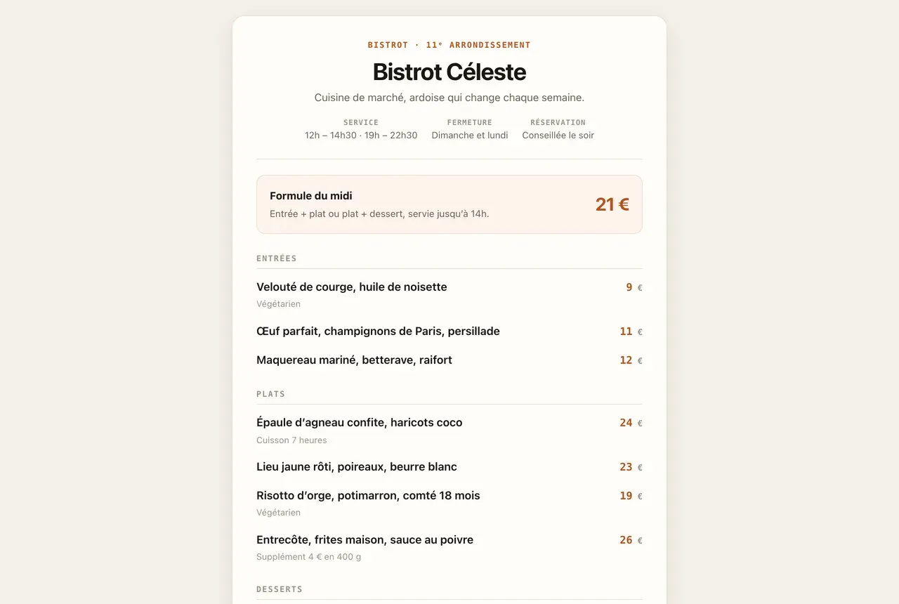 La carte d’un bistrot : formule du midi, entrées et plats avec leurs prix
