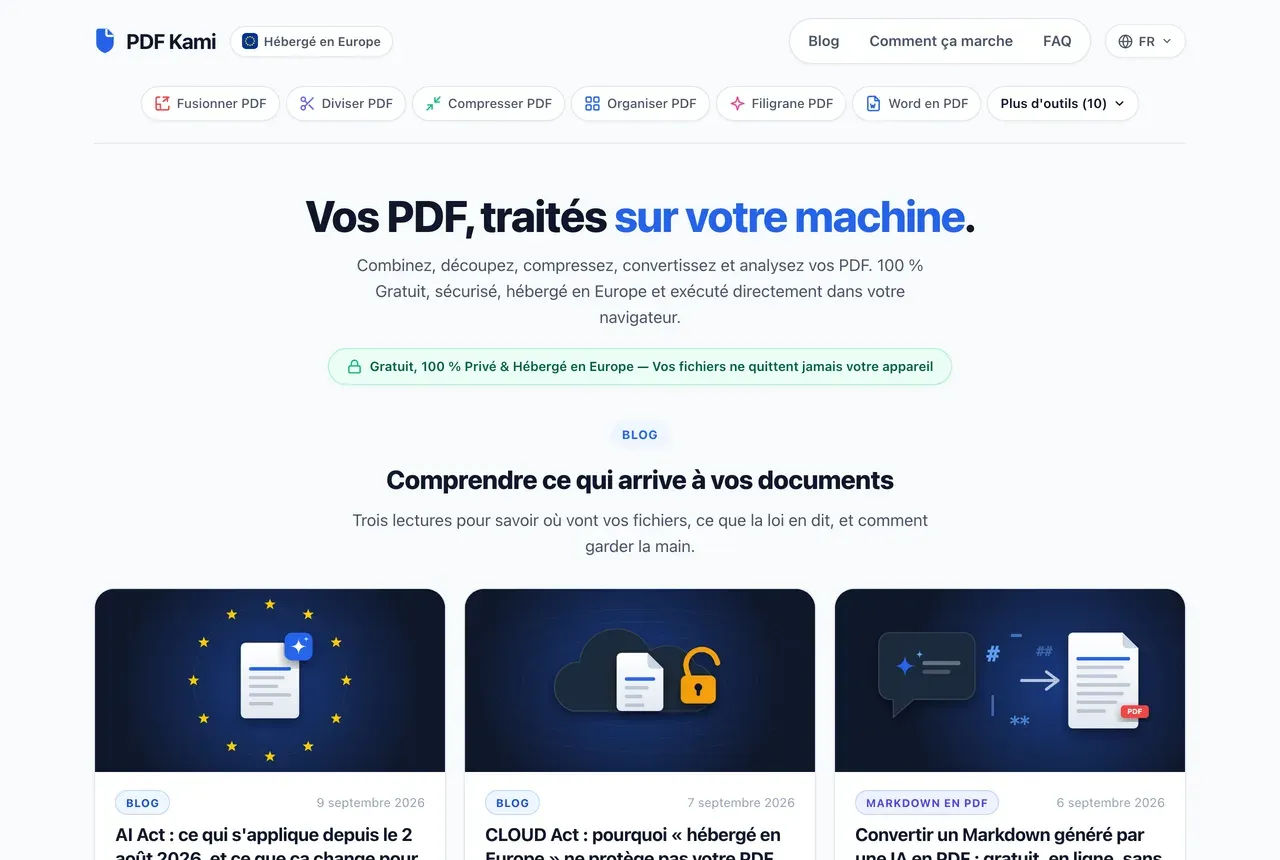 La page d’accueil de pdfkami.com et ses outils de traitement de documents