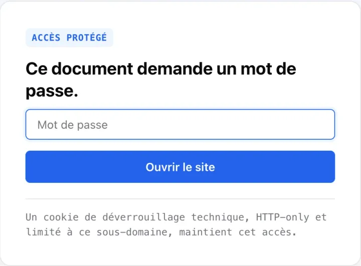Page d’accès d’un lien protégé : mention accès protégé, champ mot de passe et bouton Ouvrir le site, sans aperçu du contenu.