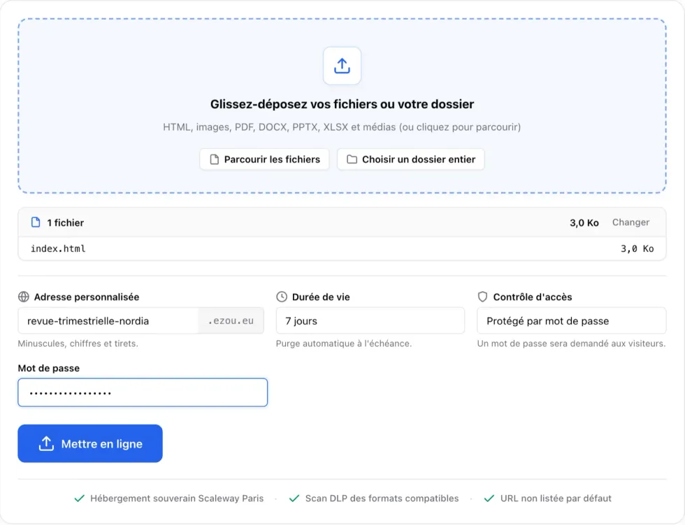 Écran de publication : le prototype déposé, une adresse lisible, une durée de vie de sept jours et un accès protégé par mot de passe.
